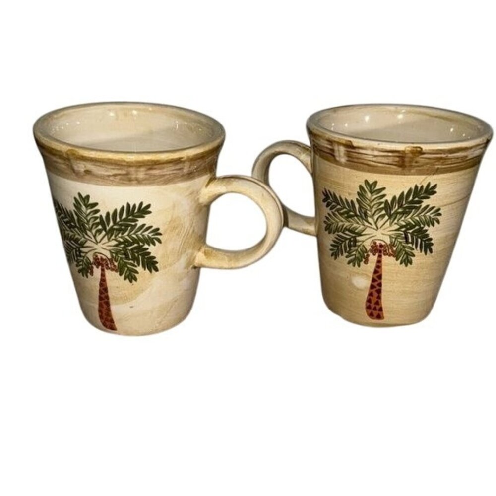 Set Of 2 Home Trends Palm Tree Ceramic Mugs Beige & Brown Design 4.5" Tall Dishw